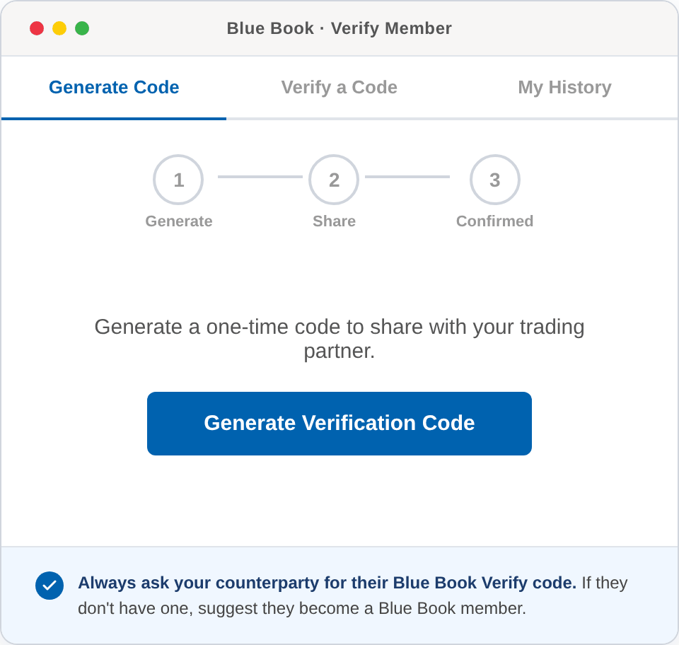 Blue Book Verify — Generate a code, share it, get confirmed